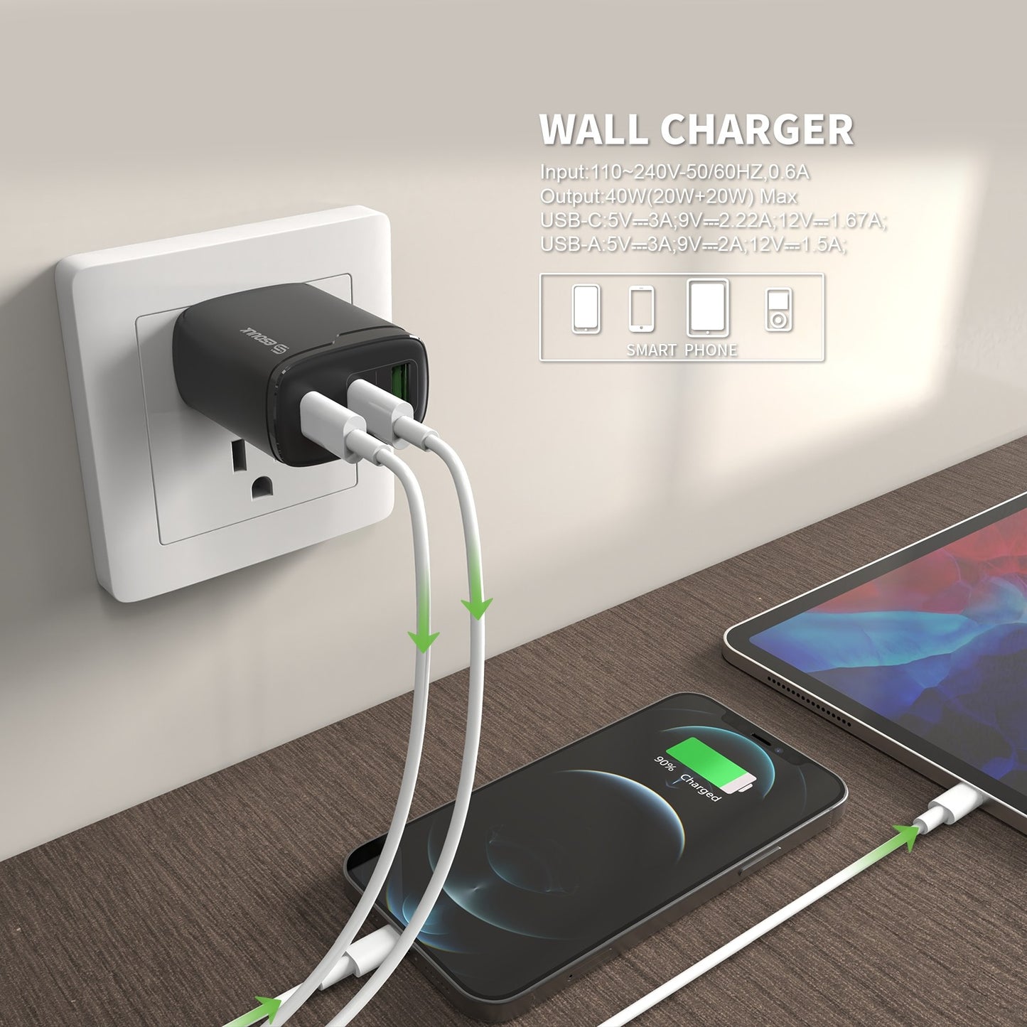 40W Dual PD+QC FAST WALL CHARGER